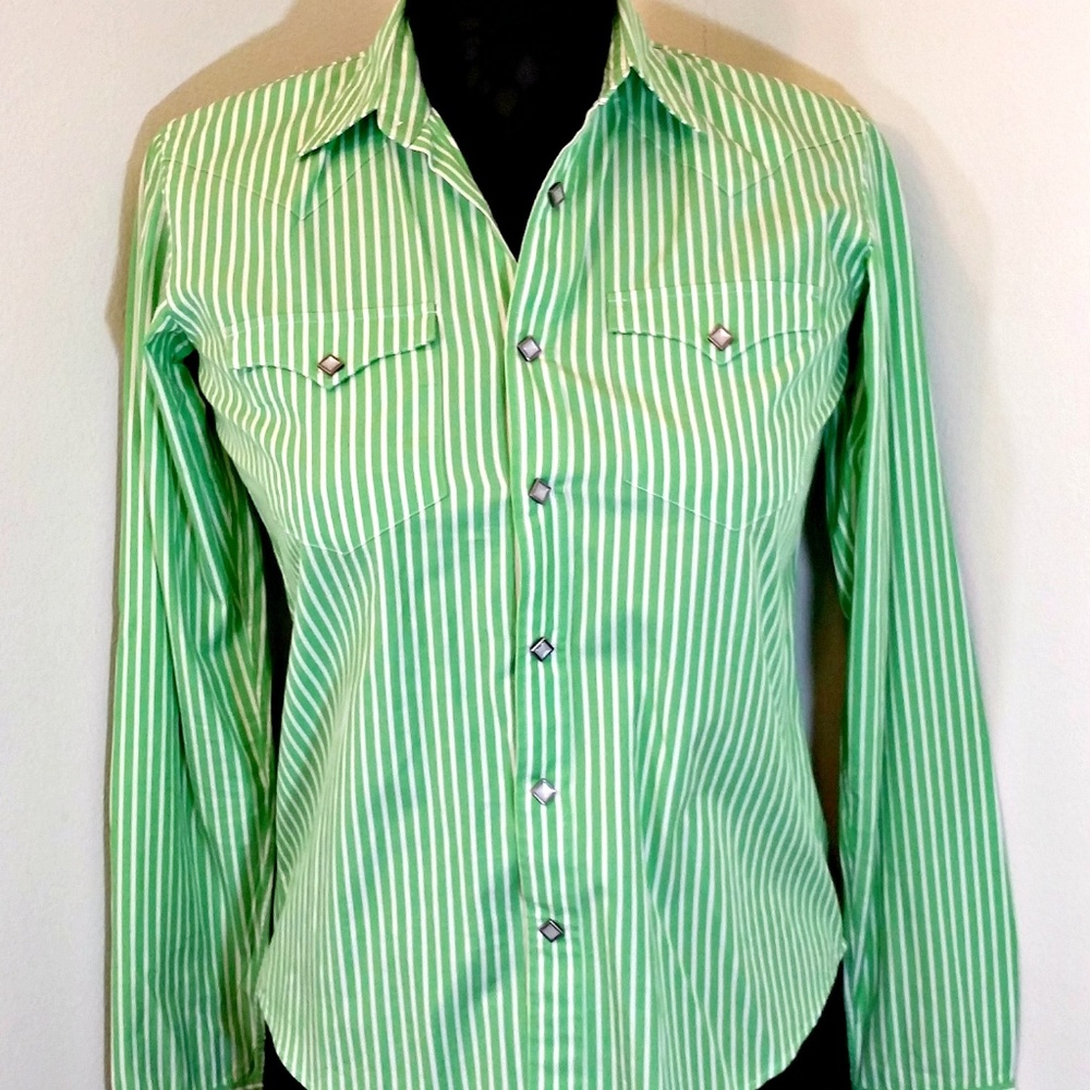 <3 RALPH LAUREN WOMENS SIZE 2 GREEN STRIPED BLOUSE